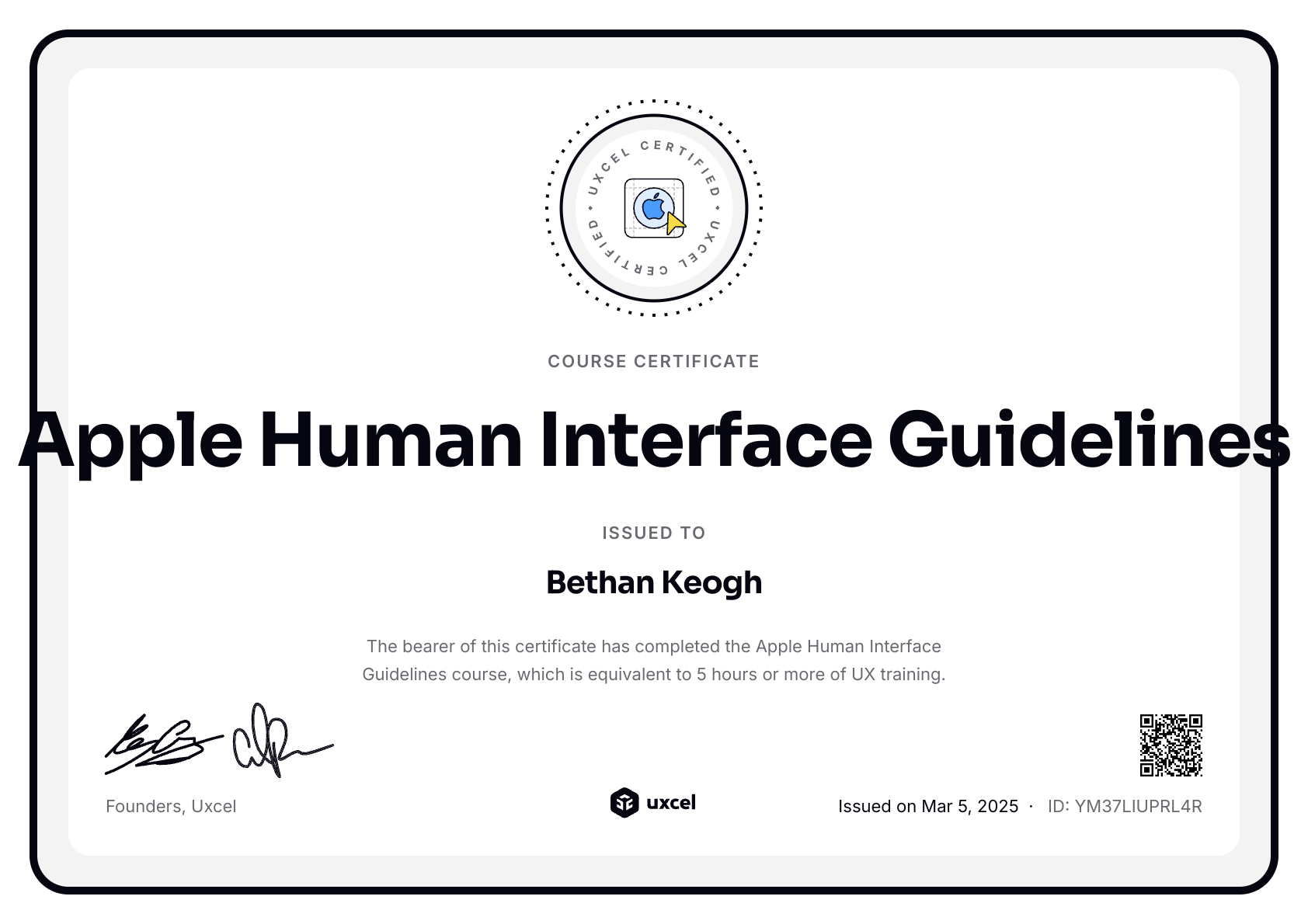 Bethan Keogh's certificate